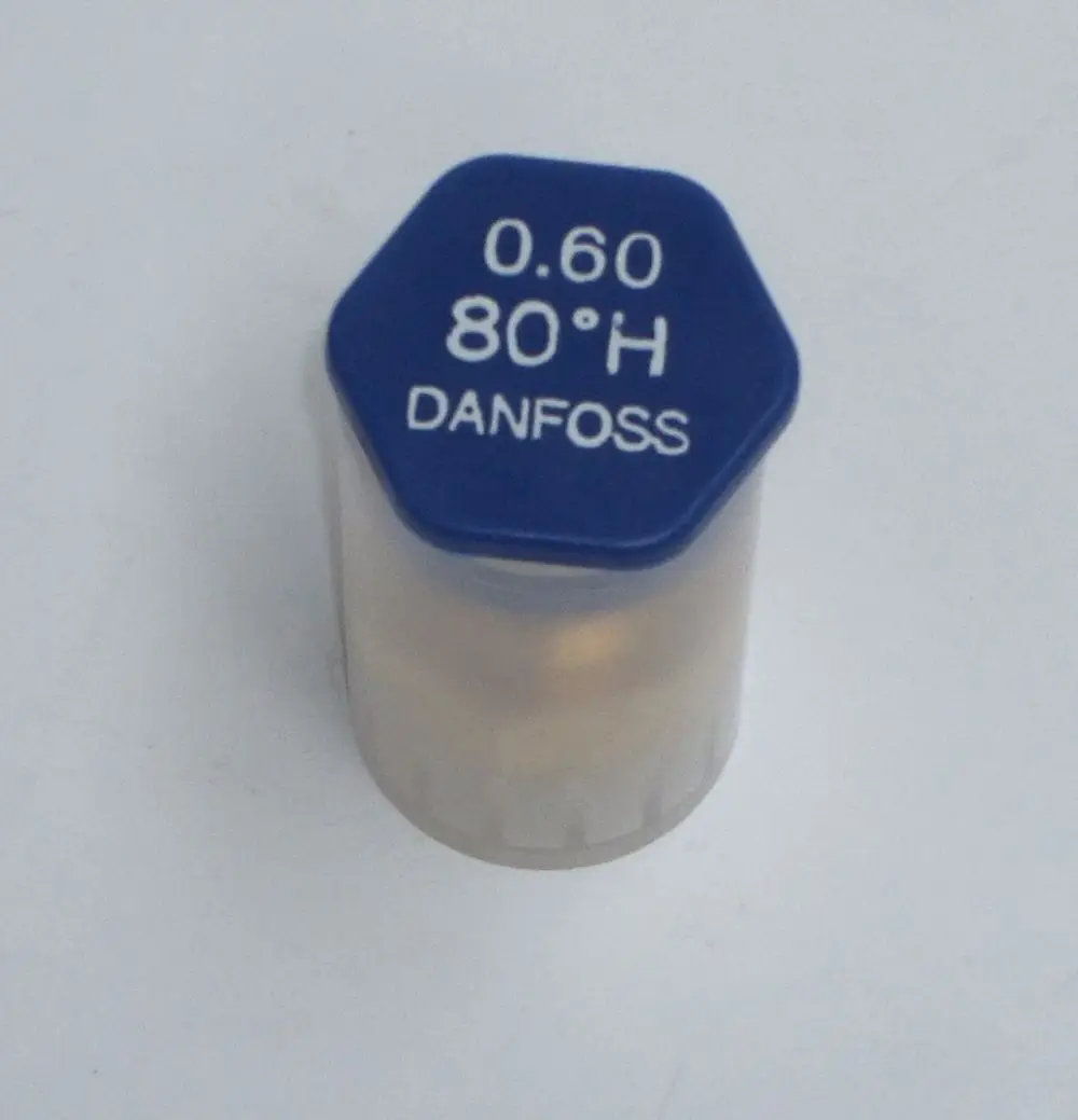 Blauer Danfoss Öldüsenkopf mit der Aufschrift "0.60 80° H" auf der Oberseite. Geeignet für Daikin Systeme. Transparentes Gehäuse.